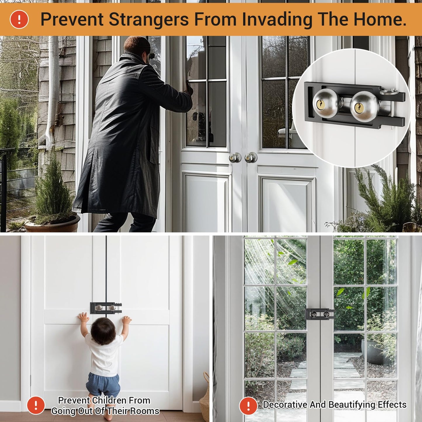 AONAYIOA Double Door French Door Locks, Adjustable Childproof French Door Security,Easy Adjustable French Door Locks,Lock Picking,Black