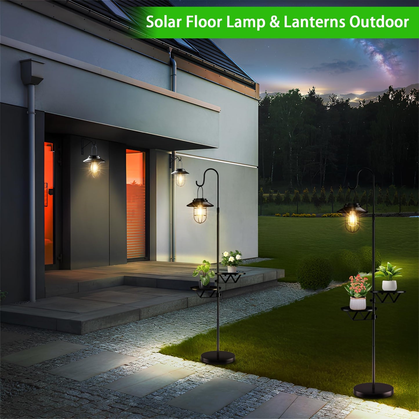 XPSCOCO 60" Solar Light with Plant Stands, Outdoor Floor Lamp, Waterproof Metal Hanging Solar Lantern for Patio Deck Porch Yard Garden Decor