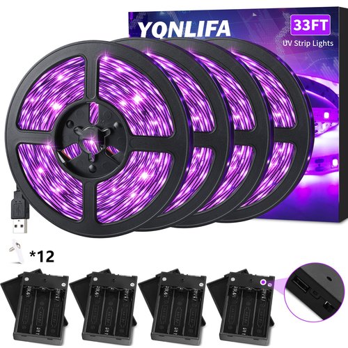 33Ft Black Light Strip, USB & Battery Operated Black Lights for Glow Party, Blacklight Strip lights for Halloween Decoration Room Decor Glass Cabinet Case Display Fluorescent Paint(4Pack*8.2ft)