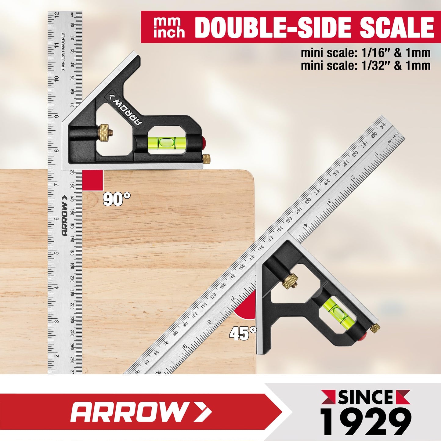 Arrow Combination Square, 12-Inch Combo Square with Stainless Steel Ruler, Zinc Alloy Body and Bubble Level for Carpenters and Craftsmen
