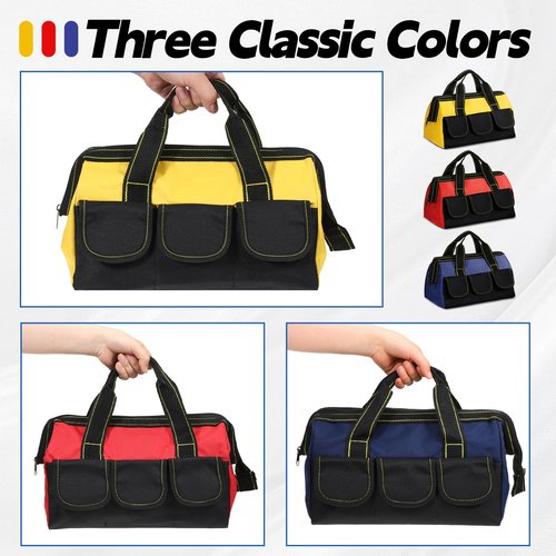 JJUNW 3 Pack Tool Bags for Men, Wide Mouth Tool Tote Bag with Waterproof Base, Heavy Duty Tools Storage Bag for Electrician Carpenter Mechanic (13 Inch,Blue, Red, Yellow)