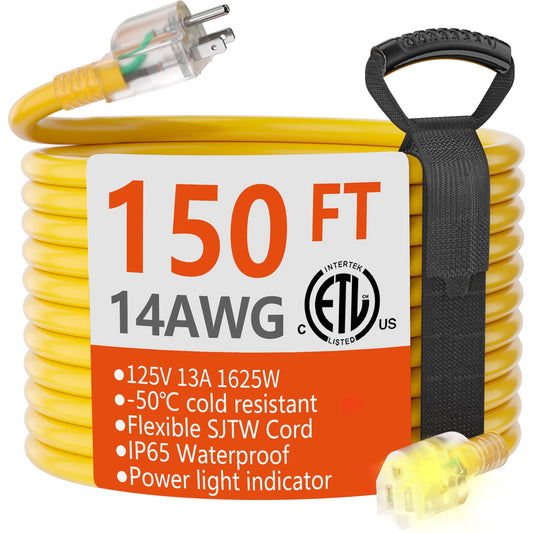 HUANCHAIN 150 ft 14/3 Gauge Heavy Duty Outdoor Extension Cord Waterproof with Lighted, Flexible Cold Weather 3 Prong Electric Cord Outside, 13A 1625W 125V 14AWG SJTW, Yellow, ETL Listed