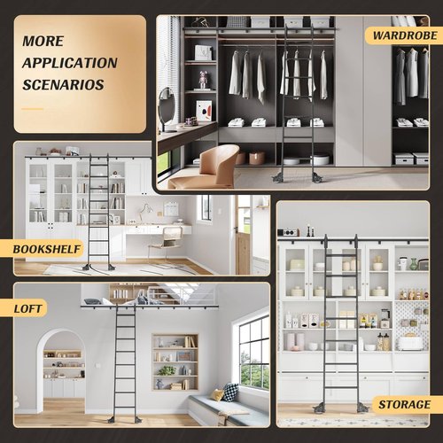 Fredbeck Aluminium Rolling Library Step Ladder 96" with 4FT Sliding Hardware Track Kit Bottom Wheel Included,for Kitchen,Loft,Warehouses,Bookstore,attic,Study Room,Dressing Room,Metal Black