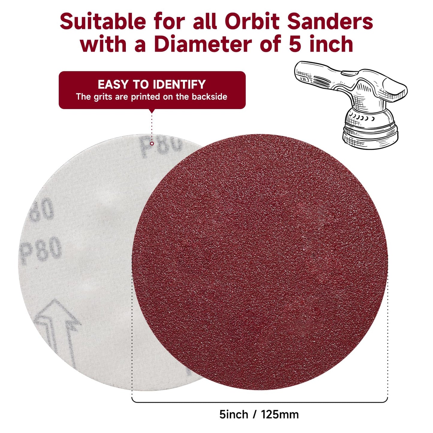 POTUINOM 5 Inch No Hole Sanding Disc 80 Grit,Hook and Loop Sand Paper for Random Orbital Sander 100 PCS