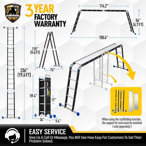 Bryner Step Folding Ladder 19.6ft Multi-Purpose Aluminium Extension Ladders, 7 in 1 Folding Adjustable Telescoping Step Ladder 330lbs