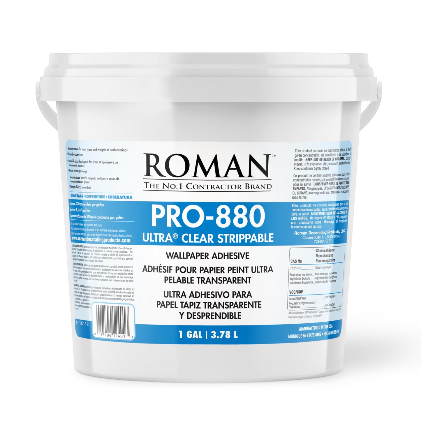 Roman PRO-880 Wallpaper Adhesive & Paste for Any Wallcovering - Ultra Clear Strippable, 1 Gallon(330 sq. ft)