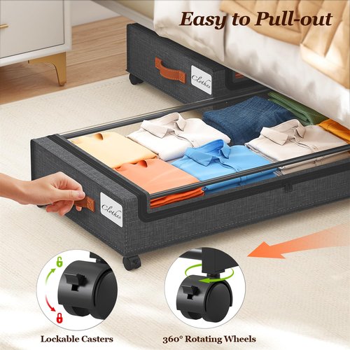 Yecaye Under Bed Storage with Wheels 2 Pack, 65L Large Capacity Under Bed Storage Containers with Metal Frame & Clear Lid, Rolling Underbed Organizer Bins Drawers for Clothes, Shoes, Blankets, Grey