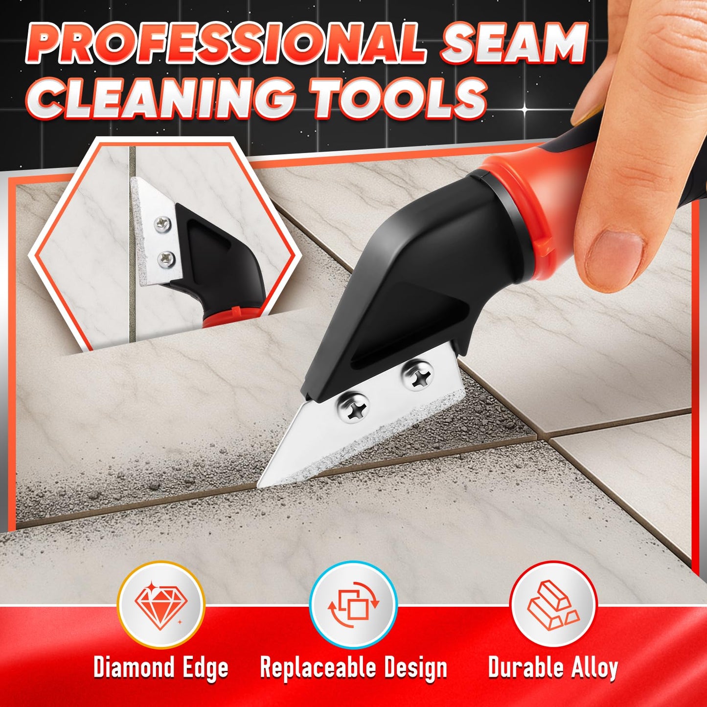 DIYSELF Caulking Tool, 4 in 1 Caulk Remover Tool for Bathroom, Bathtub, Grout, Shower, Tile, Window, Razor Scraper Tool for Cleaning, Silicone Caulk Removal Tool (Red)