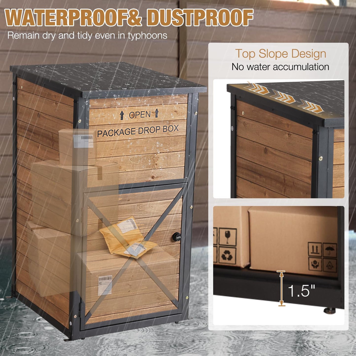 Package Delivery Box for Porch with Lockable Secure, Large Outdoor Parcel Storage Anti Theft -Waterproof Parcel Mailbox with Iron Frame & Natural Wood