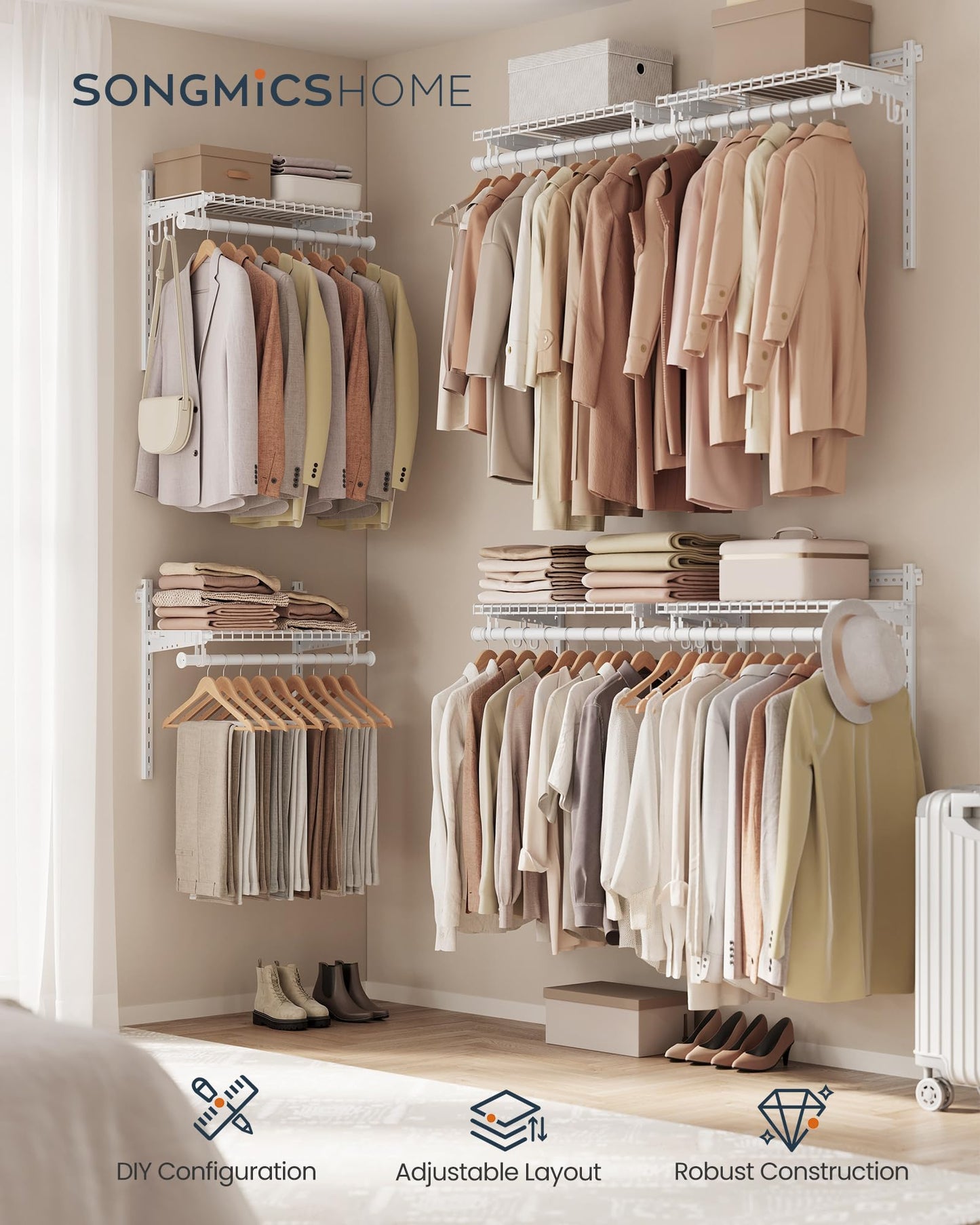SONGMICS HOME Closet System, Closet Insert Organizer, 4-6 ft, Adjustable Metal Shelving Unit with 6 Hanging Rods, 6 Shelves, and Hooks, for Pantry Mudroom Garage Basement, Cloud White URGR032W01