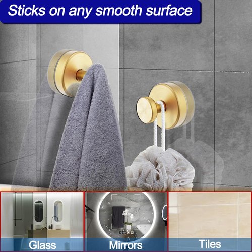Suction Cup Hooks for Shower, Removable Towel Hooks for Bathroom Window Glass Door Wall, Bath Robe Looafh Hook for Hanging - 2 Pack, Gold