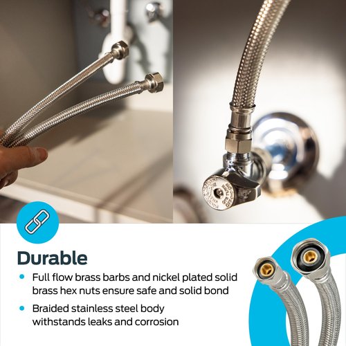 Eastman 12 inch Steel-Flex Braided Faucet Connector, 1/2 Inch FIP x 3/8 Inch Compression, Stainless Steel Faucet Supply Line, 48003