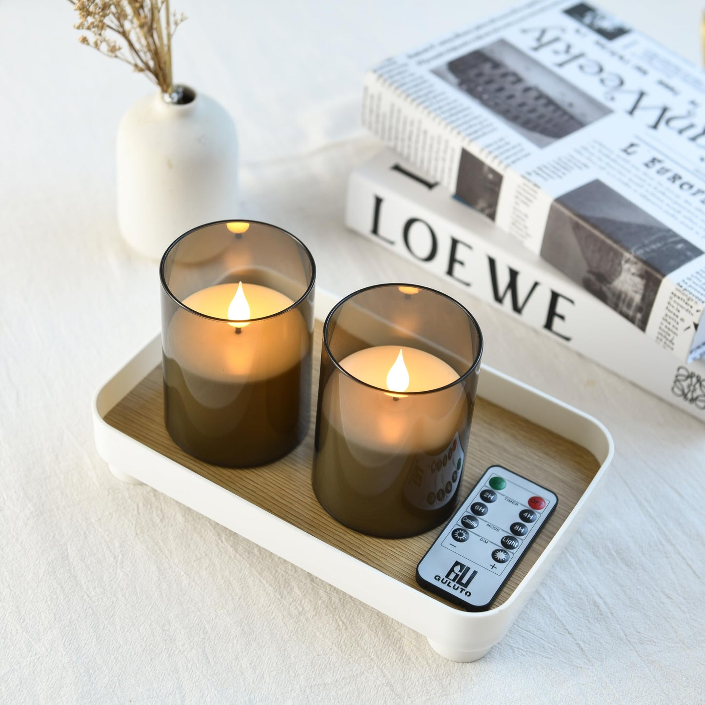 Guluto Flameless Flickering Candles, Non-breakable Battery Operated Candles, D 3" xH 4", Set of 2, Led Acrylic Grey Electric Pillars Candle with Remote and Timers for Wedding Party Romantic Decor