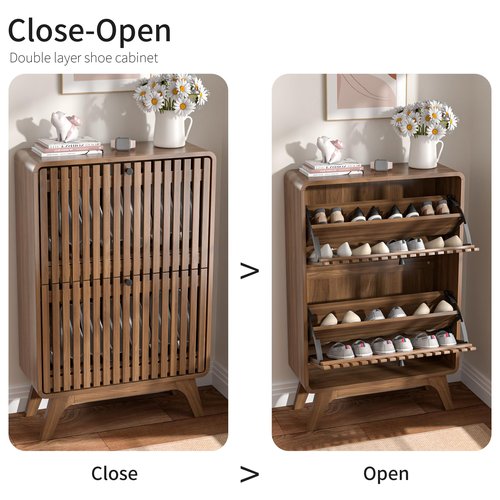 Jluomei Fluted Entryway Shoe Cabinet Storage, Wood Modern Rack Organizer with 2 Flip Drawers, Narrow Slim Shoe Organizer Cabinet for Entry Way, Wooden, Small, Hidden, Brown, Walnut