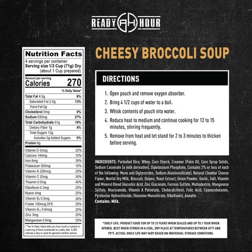 Ready Hour Cheesy Broccoli & Rice Soup Case Pack – Freeze-Dried Soup, Emergency Food, Long-Term Storage, Instant Survival Meals, Prepper Pantry, Prepared Meals, Ready to Eat – 24 Servings (6 Pouches)