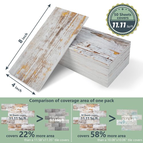 STICKGOO 50-Piece Subway Tile Peel and Stick Backsplash, 4"x 8" Thickened PVC Stick on Tiles for Kitchen, Bathroom, Camper, Fireplace（Yellow Distressed Wood Grain）