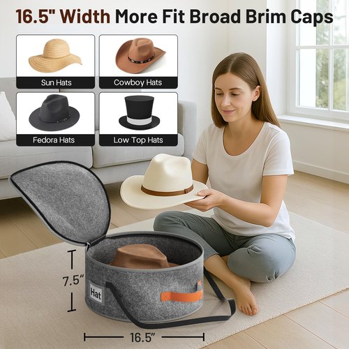 SLEEPING LAMB Cowboy Hat Box for Travel and Storage, Collapsible Cap Organizer Case with Handles & Shoulder Strap for Men Carry Cap Bag, Soft and Large Hat Box for Women Storage for Closet, Grey