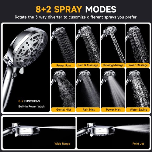 Dual Filtered Shower Head with Handheld and Magnetic - 8'' Square Rain Shower Head High Pressure with Handheld Combo, 8+2-Spray Magnetic Detachable Showerhead with Power Jets, Chrome