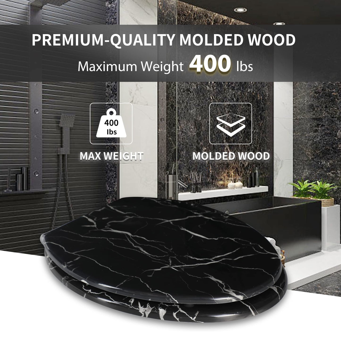Angel Shield Marble Toilet Seat Durable Molded Wood with Quiet Close,Easy Clean，Quick-Release Hinges (Elongated,Black Marble)
