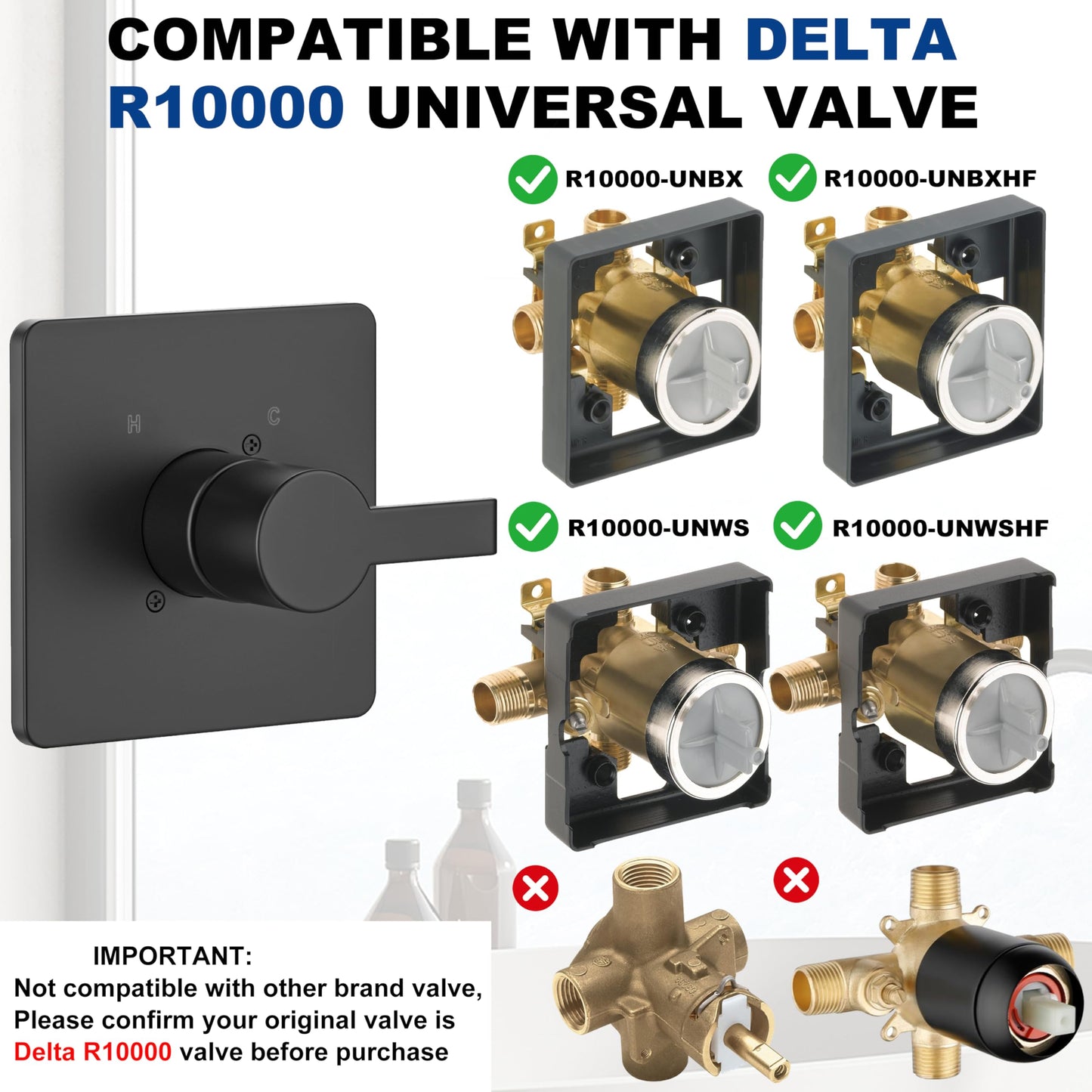 Replacement for Delta 13/14 Series Shower Trim Kit, Compatible with Delta R10000 Valve Tub Shower Faucet Set, Black Shower Head and Handle Set, Matte Black (Cartridge and Valve Not Included)