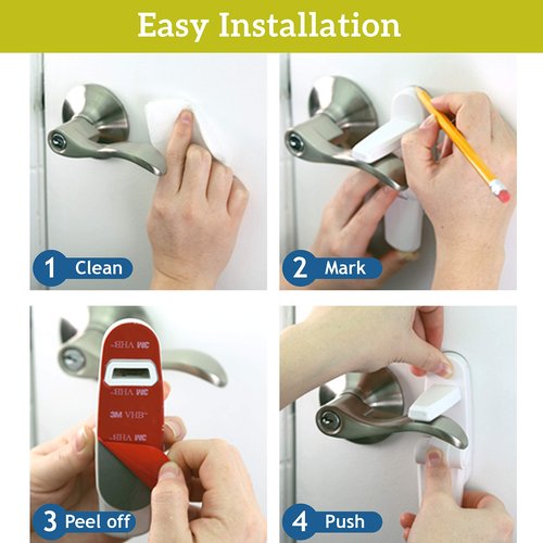 Door Lever Lock (1 Pack) Prevents Toddlers from Opening Doors. 3.25" L * 1.5" W * 4.5" H Easy One Hand Operation for Adults. Durable ABS with 3M Adhesive Backing. Simple Install, No Tools Needed.