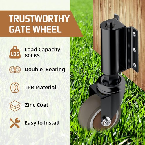 USCaster 1 Pack Gate Wheel 2inch Gate Caster for Wooden Gate 80lbs Capacity 360 Degree Rotation TPR Rubber Tire Spring-Loaded Gate Wheels with Screws & Screwdriver(Black)