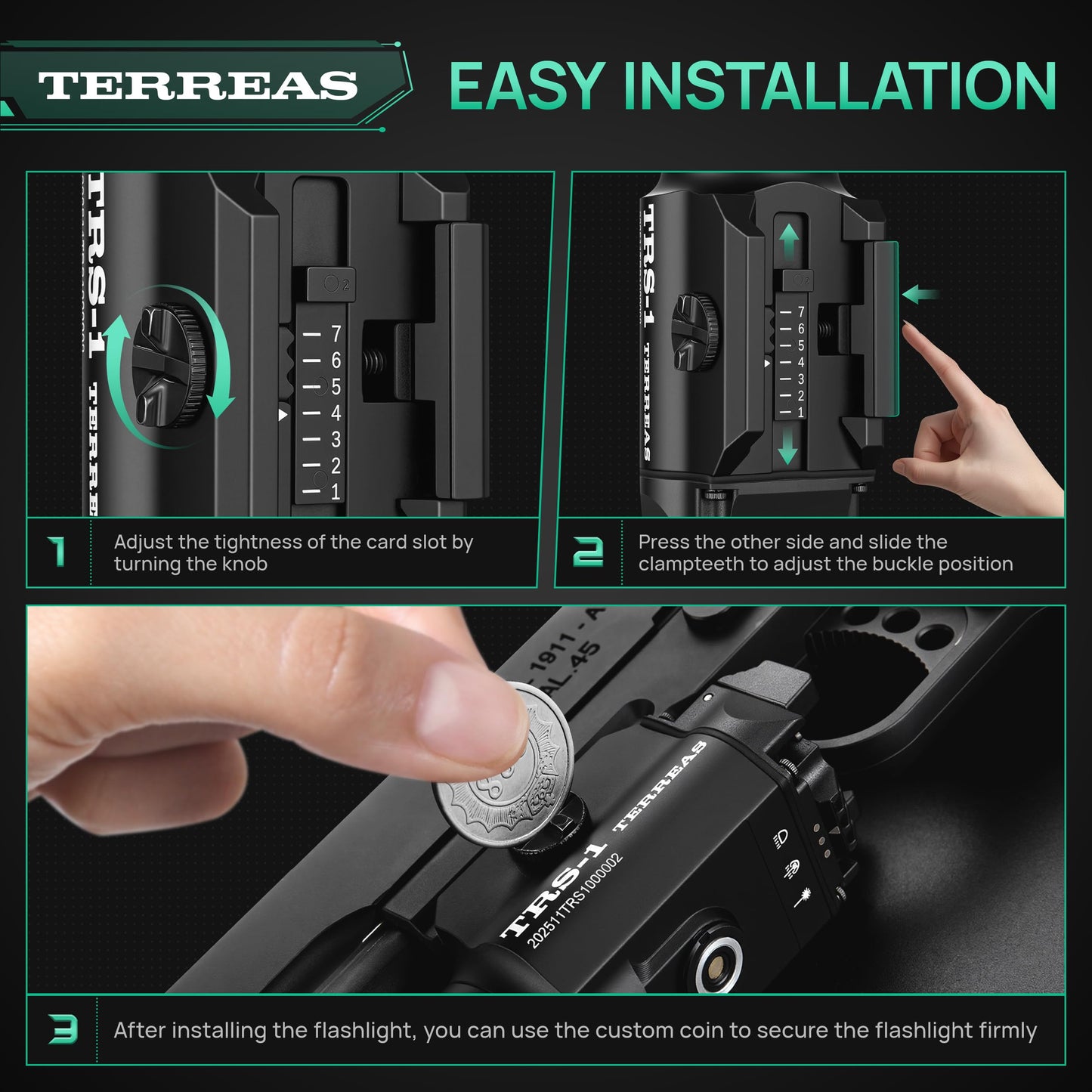 Terreas Upgraded 2000 Lumens Magnetic Rechargeable Weapon Light & Green Laser Combo, Aluminum Alloy Tactical Flashlight with Adjustable Rail, Strobe Mode, Fits Most Picatinny/GL Rail & Holsters