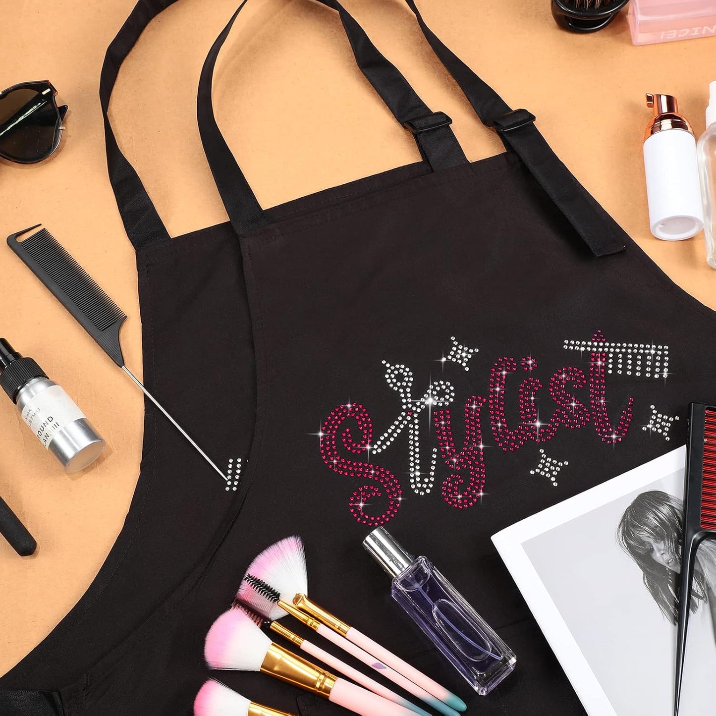 Coume 2 Pcs Hair Stylist Apron Hairstylist Salon Apron with Rhinestone Tools 3 Pockets Waterproof Hairdresser Barber