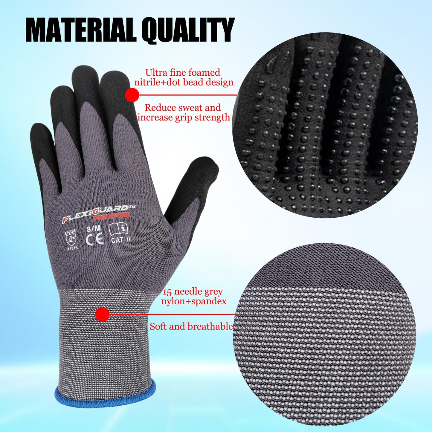 Gasoline Safety Work Gloves Extra Micro-Foam Nitrile Coated-12 Pairs,Endurance Seamless Knit Nylon Spandex,Dots on Palm, Dot Grip Gloves，Work Gloves Men and Women (12, M)