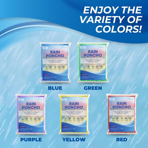 CloudTen Compact and Disposable Rain Ponchos for Men and Women (Multi Color (10 Packs))