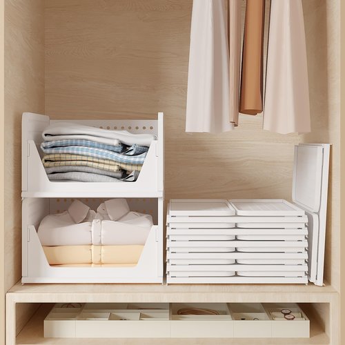 VECELO 4 Pack Plastic Closet Shelf Organizer, Stackable Sweater Storage Closet Drawers, Foldable Wardrobe Organizer, Easy Assembly, Durable and Space Saving for Closet, Bathroom, Kitchen, Gray