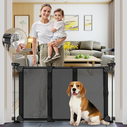 GRENFU 28" Tall No Drill Baby Gate No Bottom Bar, Sliding Dog Gate for Stairs No Drilling Expandable Baby Gate with Dual-Opening Walk Thru Door, 32-55" Adjustable Width & Angle Mesh Pet Gate, Black