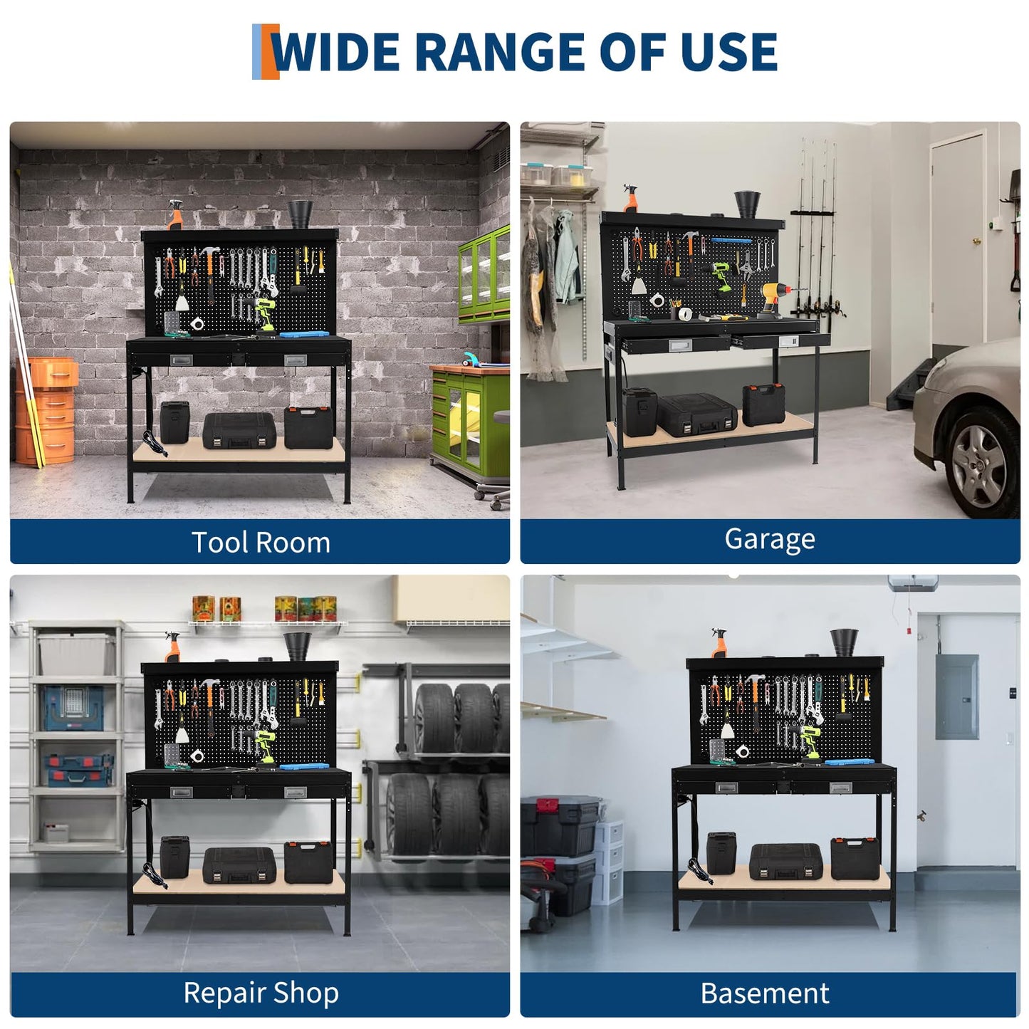 TrailBlaze 48.99"x 22.99" Workbench with 2 Drawers, 2-Tier Heavy Duty Workstation with Power Outlet, Pegboard and Shelf, Metal Tool Multifunctional Workbench for Garage Workshop
