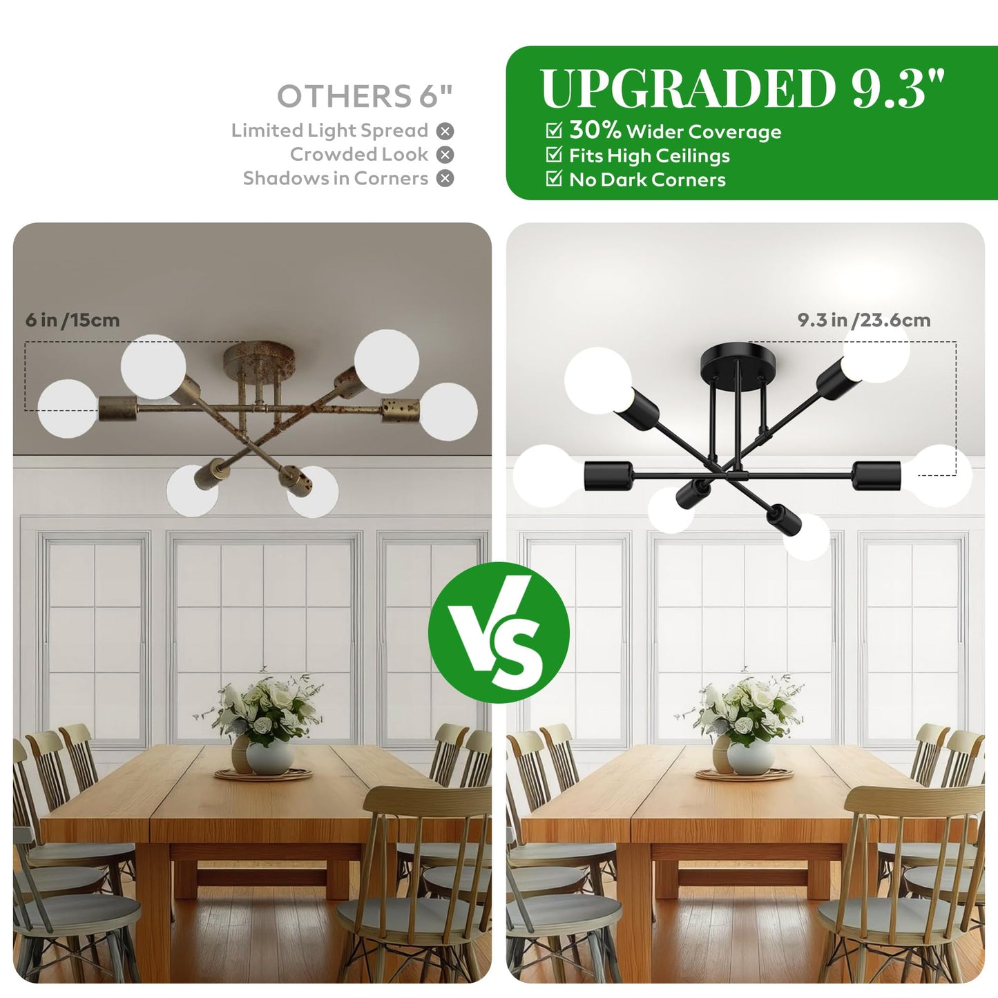 Phaosio Modern Sputnik Chandelier Ceiling Light Fixtures, 6-Lights 22” Mid Century Industrial Metal Semi Flush Mount for Dining Room, Bedroom, Living Room-Black