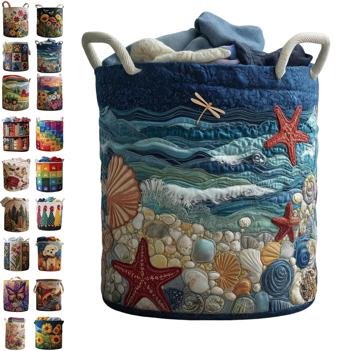 Quilted Laundry Baskets, Large Floral Boho Fabric Storage Hamper with Handles, Collapsible Soft Clothes Organizer Tote for Nursery House Styling, Portable Bedroom Washing Container