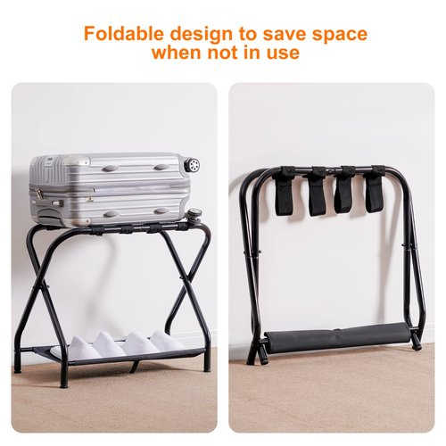 Heybly Luggage Rack,Pack of 2,Steel Folding Suitcase Stand with Storage Shelf for Bedroom, Hotel, Foldable Steel Frame, Guest Room Bedroom Hotel, 26.2" L x 14.4" W x 20.5" H, Black,HLR004B2
