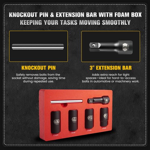 6-Piece 1/2" Drive Impact Bolt Extractor Set, Easy Out Stripped Lug Nut Removal Tool for Broken, Rusted, Rounded, Damaged Nuts & Screws, Twist Designed, with foam box, Extension Bar, Knockout Pin