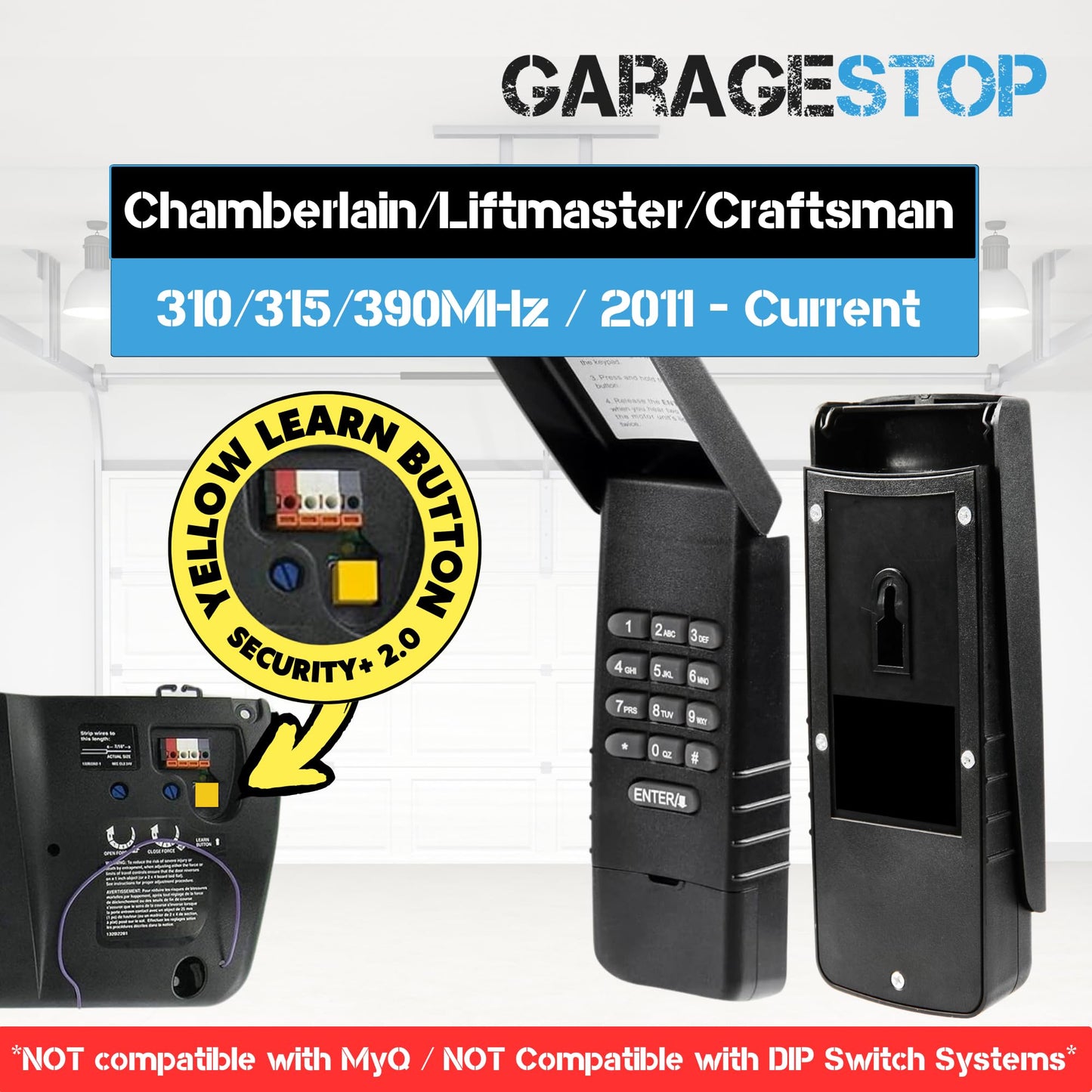 Garage Stop for 877LM Liftmaster Garage Door Keypad, fits Chamberlain Craftsman Wireless Garage Door Opener Keypad, 2011 to Present (Yellow Learn Button), New Matte Black Design