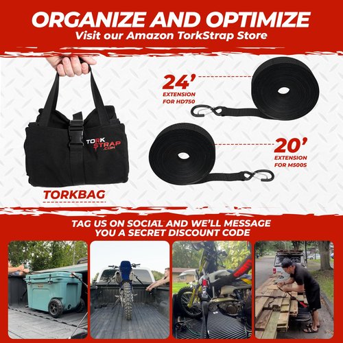 TorkStrap M500 | 14' x 1'' Self Tensioning Tie Down Straps - Automatically Adapt to Load Shifts - 1,500LB Break Strength - Pull Alternative to Ratchet Straps - Integrated Soft Loops & Hooks (4-PK)