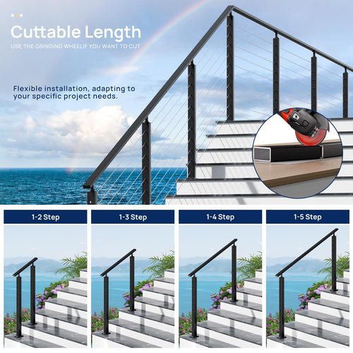 1 Pack 4FTx 2"x1" Aluminum Black Handrail with Nylon End Caps Self Drilling Screws, Rectangular Handrail Cuttable Flat Top Rail for Deck Stair Railing Indoor Outdoor Cable Railing System