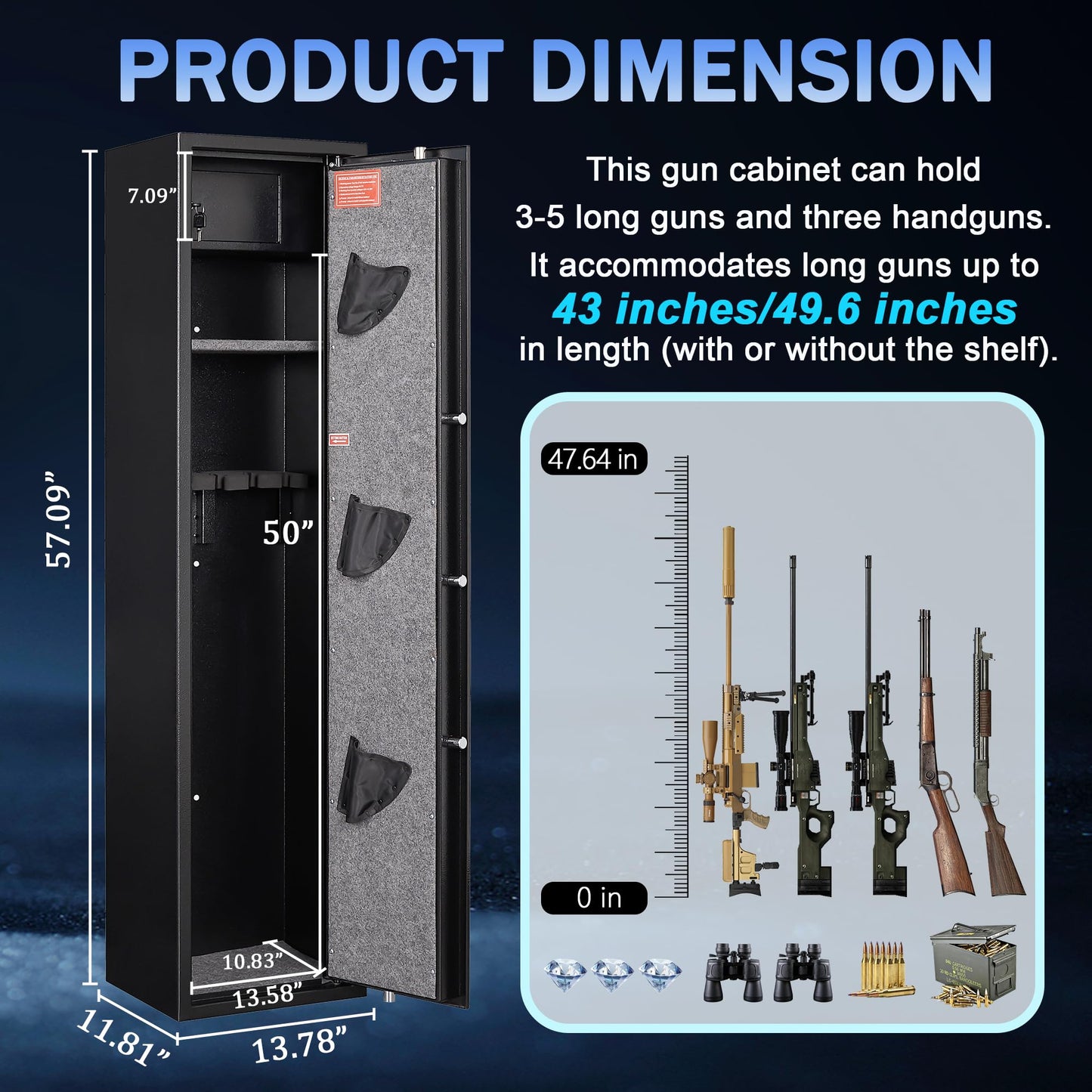 Marcree Gun Safe for Rifles, 3-5 Quick Access Digital Rifle Gun Safe with Dual Alarm System, Gun Cabinet with Mute Function, Shotgun Safe for Home Office, LED Light, Assembly Required