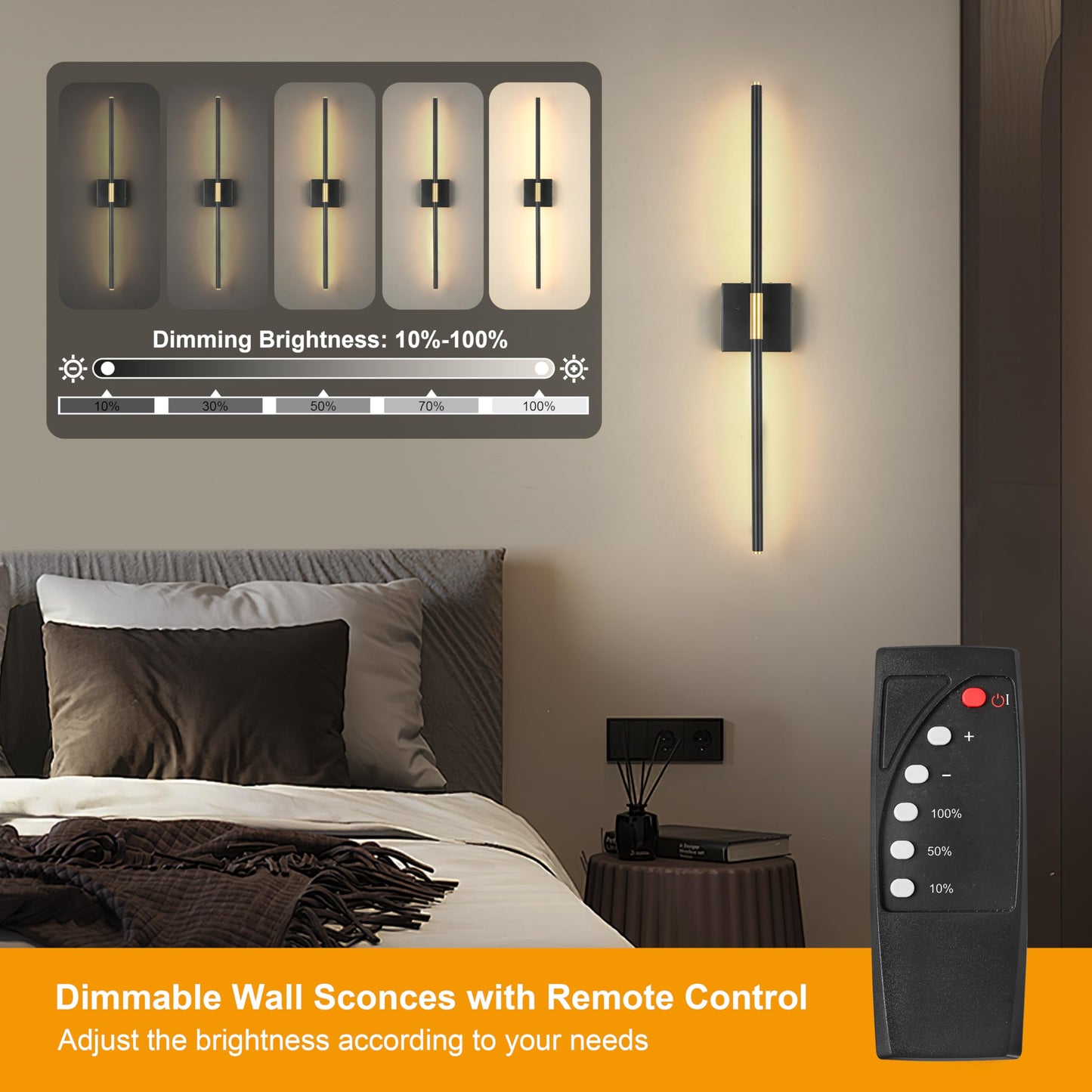 Morauroral Battery Operated Wall Sconces Set of 2, Dimmable Battery Wall Sconce with Remote Control, Black Gold LED Rechargeable Sconces, 24 Inch Modern Wireless Wall Lights for Bedroom, Living Room