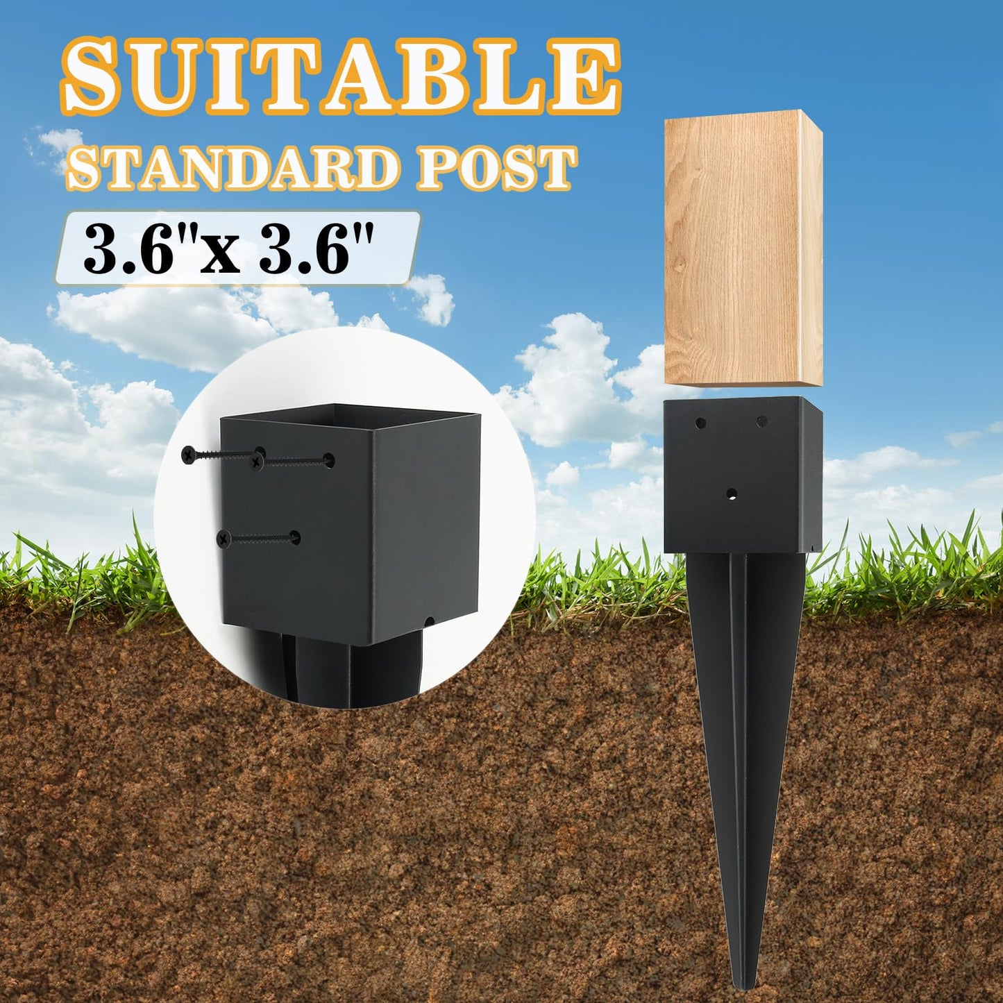 1 Pcs 4"x4" Fence Post Anchor Ground Spike,(Internal 3.6"x3.6"),Metal Post Stake Ground 16" with Black Powder-Coated,Fence Stakes Post Base for Deck,Fence,Porch,Railing,Mailbox.