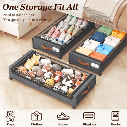Yecaye Under Bed Storage with Wheels 2 Pack, 65L Large Capacity Under Bed Storage Containers with Metal Frame & Clear Lid, Rolling Underbed Organizer Bins Drawers for Clothes, Shoes, Blankets, Grey