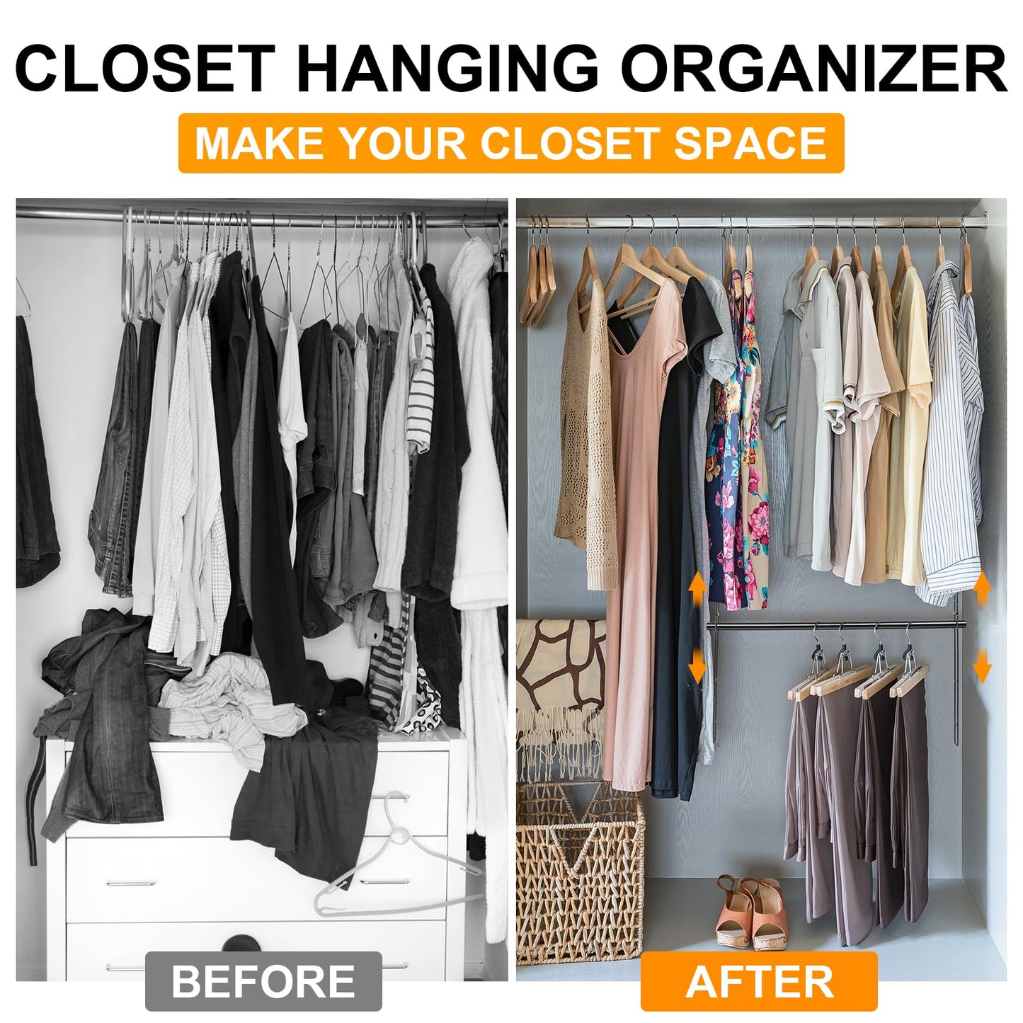 Closet Hanging Rod, 47.2in Wide Extension Closet Hanging Organizer, 6 Height Adjustable Hanging Closet Rods, Space Saving Heavy Duty Closet Rod for Hanging clothes and Towel up to 33.8 in long, Black