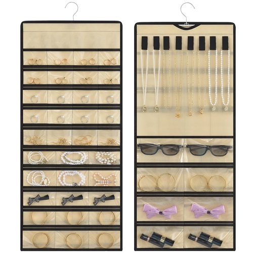 Pahiuii Hanging Jewelry Organizer– Double-Sided Jewelry Holder for Earrings, Necklaces, Rings – Closet Hanging Organizer & Travel Jewelry Organizers for Women, Wall or Door Use, Day Gifts (Beige)