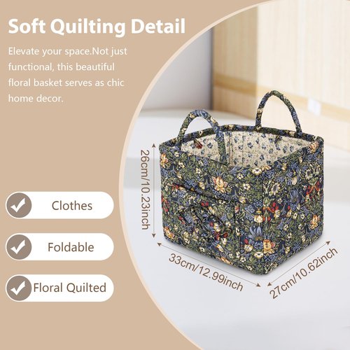 Storage Basket Boho Fabric Large Collapsible Floral Laundry Nursery Hamper Portable Folding Storage for Clothes Toys (Blue)