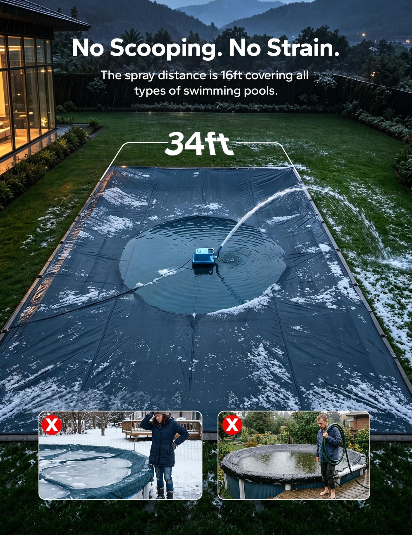 Voeer Pool Cover Pump with Built-in Nozzle, 950 GPH Automatic Submersible Pump, 25ft Cord, Hose Connection Supported, Water Level Indicator, Low-Profile Design, 110W Motor, Waterproof Design