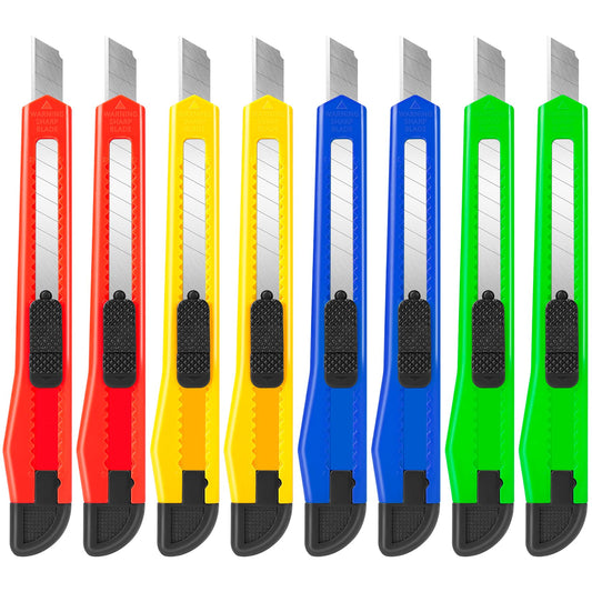8 Pack Utility Knife Box Cutters (9mm Wide Blade Cutter 4 Colors) Box Cutter Retractable, Compact Utility Knives, Extended Use for Office, Craft, Razor Knife, Paper Knife, Disposable Box Opener