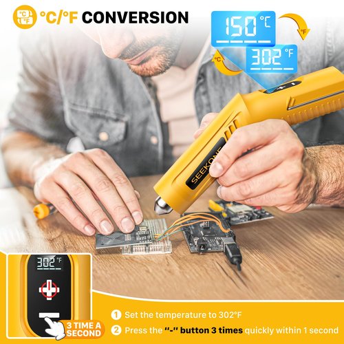 SEEKONE Cordless Mini Heat Gun with 4-Temp Settings (Up to 842°F/450°C) and Memory Function, 3.6V Lithium Hot Air Gun, USB Charge with Reflector Nozzle for Crafting, Resin Heating and Shrink Wrapping
